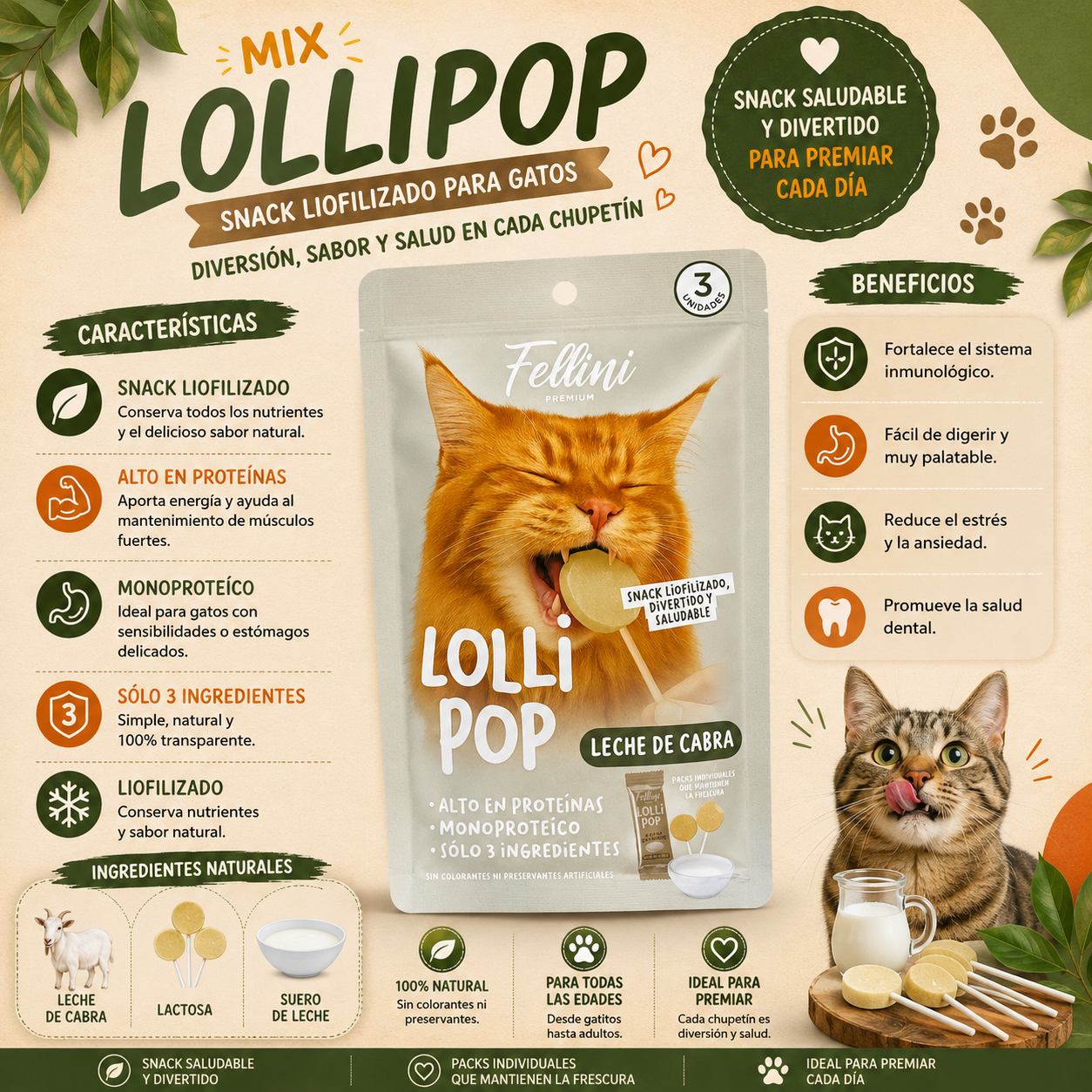 Fellini Snack Lollipop Leche De Cabra 3 Unidades